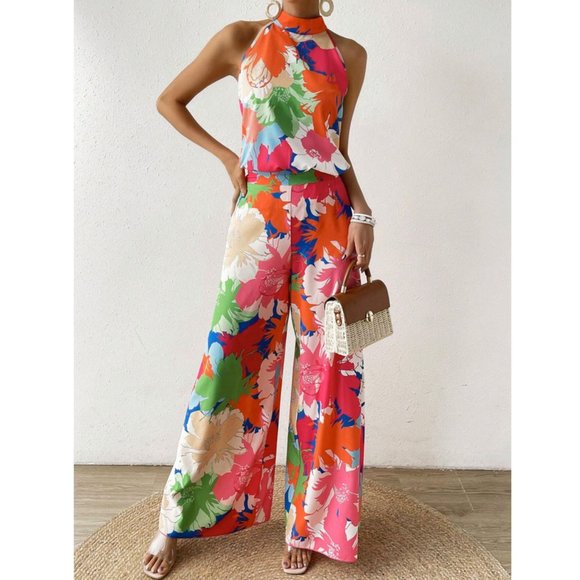 Floral Print Halter Top & Wide Leg Pants Coord Set - Picture 7 of 9